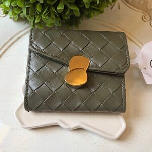 Olive Green Woven Vegan Leather Tri fold Mini Wallet with Gold Clasp Snap